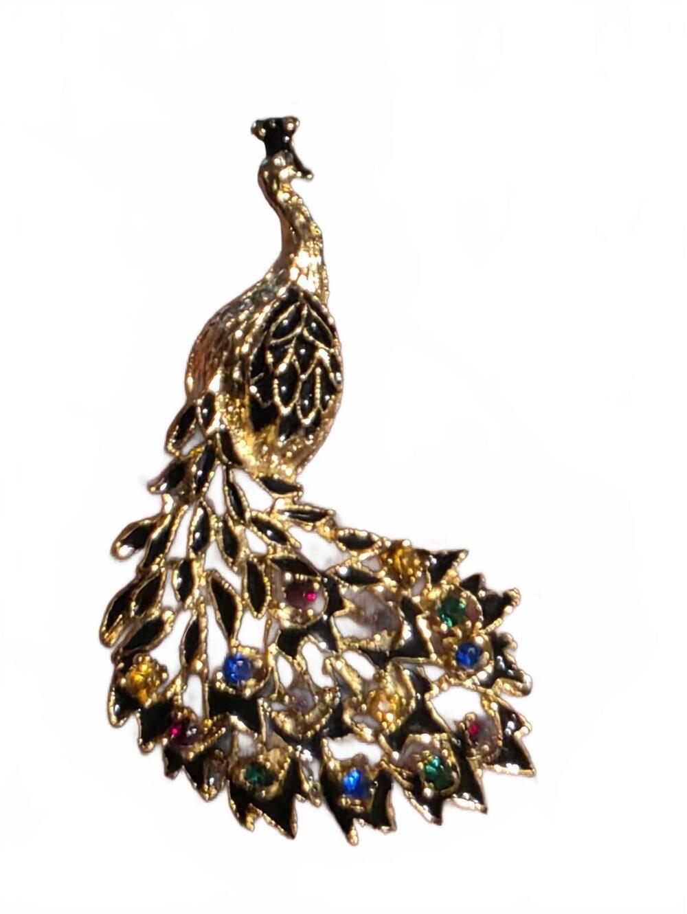 Vtg Gold-Tone Stunning Peacock Brooch with Multicolor Stones
